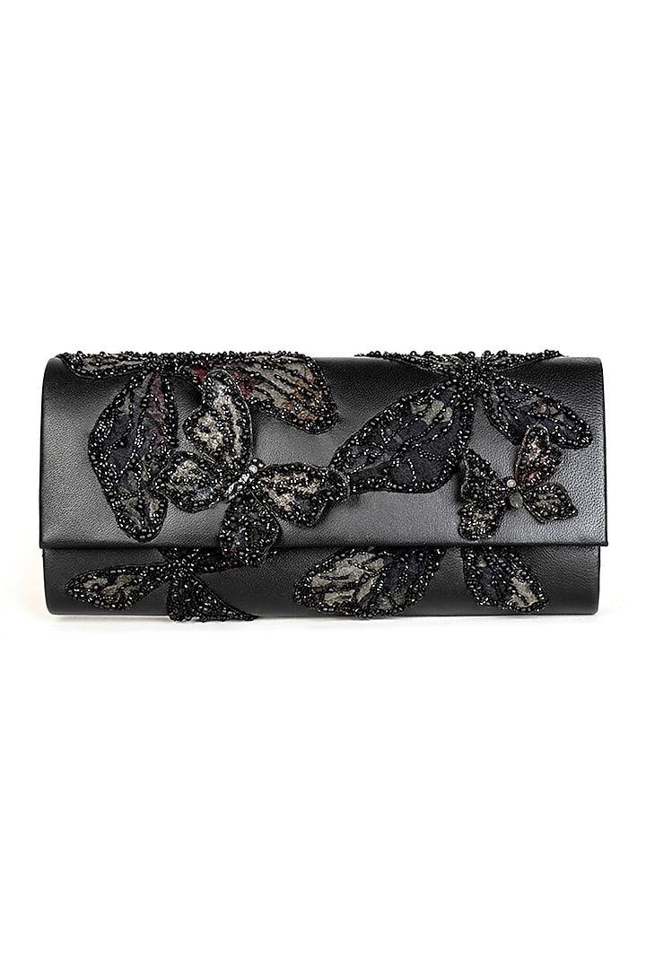Black Cotton Glass Bead Hand Embroidered Clutch by Deepa Gurnani at Pernia's Pop Up Shop