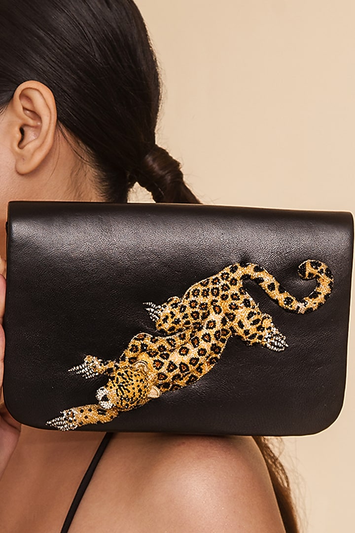 Black Glass Beaded Leopard Clutch by Deepa Gurnani at Pernia's Pop Up Shop