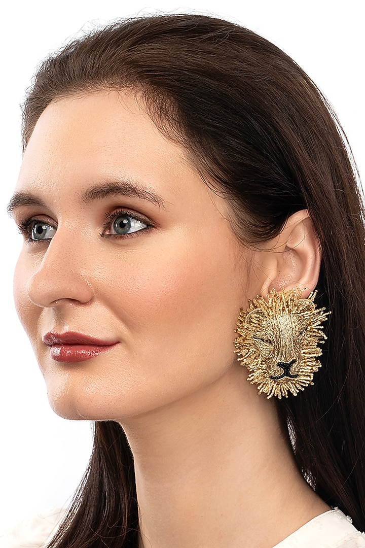 Gold Glass Beaded Lion Earrings by Deepa Gurnani at Pernia's Pop Up Shop