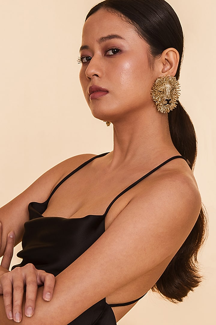 Gold Glass Beaded Lion Earrings by Deepa Gurnani at Pernia's Pop Up Shop