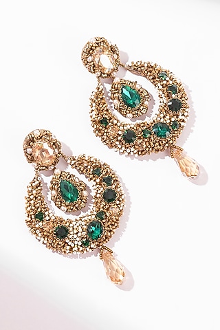 Green Glass Beaded & Glass Crystal Dangler Earrings by Deepa Gurnani
