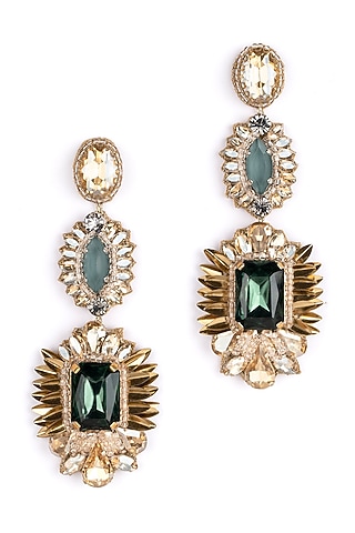 Emerald Green Glass Beaded Dangler Earrings by Deepa Gurnani