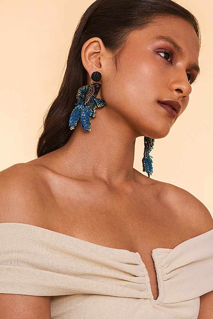 Blue Glass Beaded Embroidered Dangler Earrings by Deepa Gurnani at Pernia's Pop Up Shop