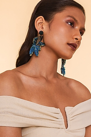 Blue Glass Beaded Embroidered Dangler Earrings by Deepa Gurnani