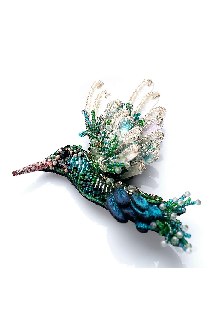 Emerald Green Glass Beaded Hummingbird Brooch by Deepa Gurnani at Pernia's Pop Up Shop