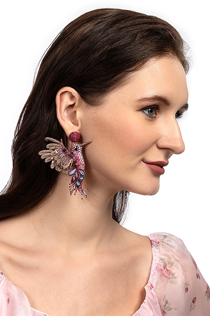 Fuchsia Glass Beaded Hummingbird Earrings by Deepa Gurnani at Pernia's Pop Up Shop