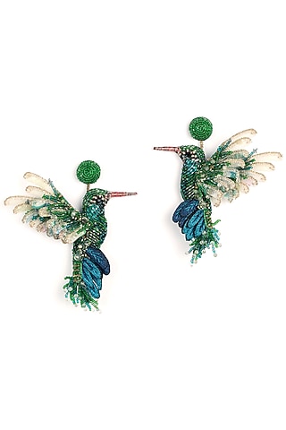 Emerald Green Glass Beaded Hummingbird Earrings by Deepa Gurnani