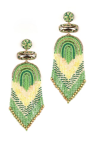 Lime Green Glass Beaded Dangler Earrings by Deepa Gurnani