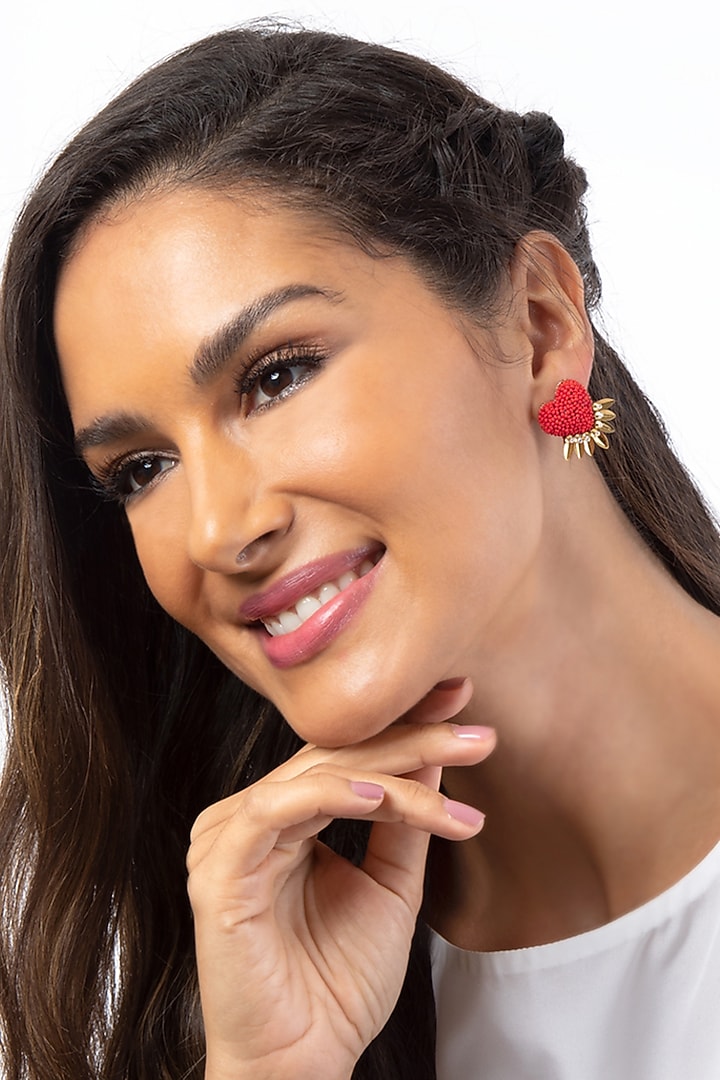 Red Glass Beaded Heart Stud Earrings by Deepa Gurnani at Pernia's Pop Up Shop
