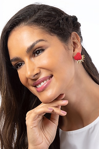 Red Glass Beaded Heart Stud Earrings by Deepa Gurnani