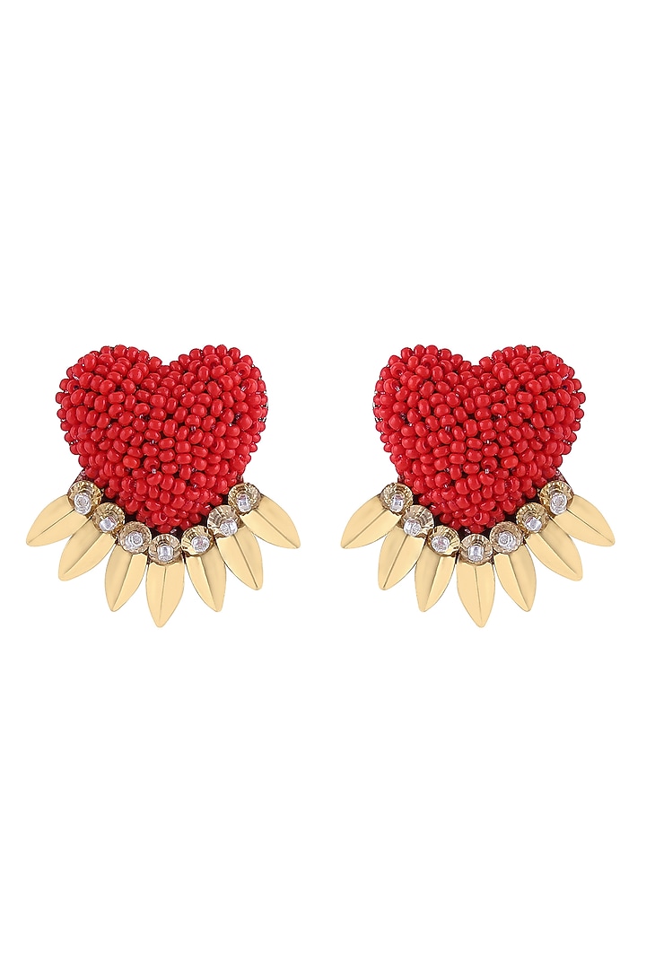 Red Glass Beaded Heart Stud Earrings by Deepa Gurnani at Pernia's Pop Up Shop