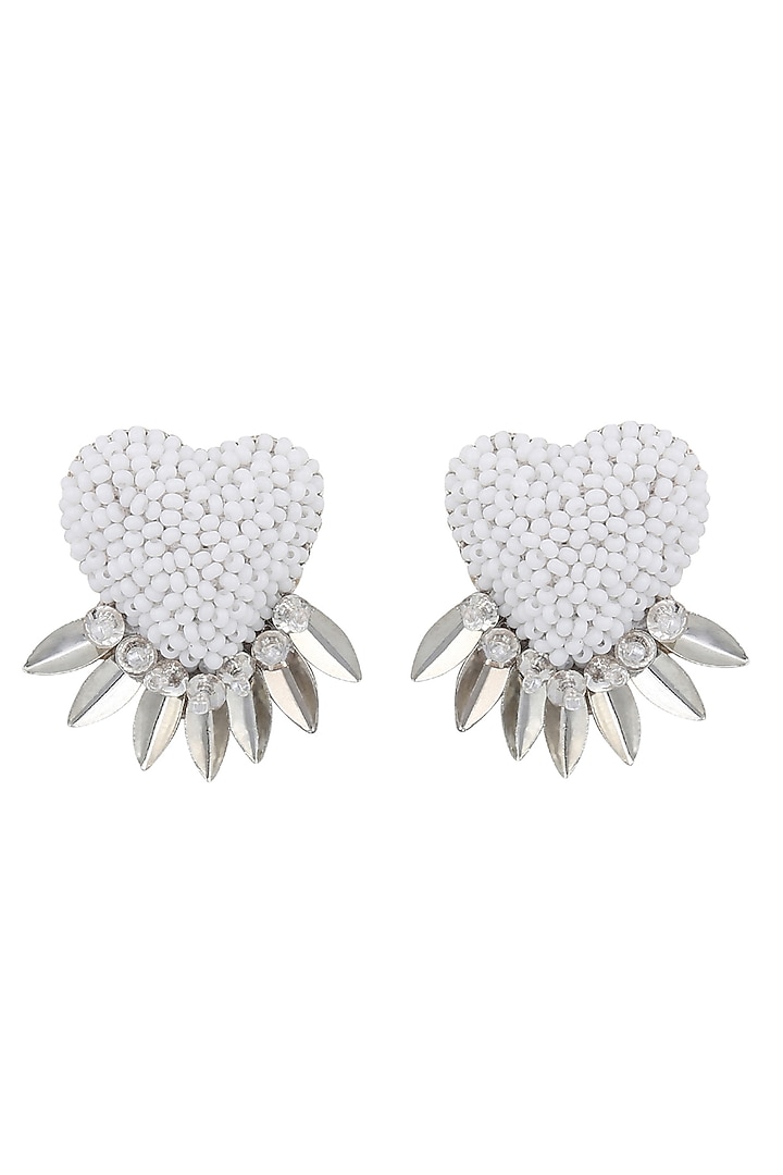White Glass Beaded Heart Stud Earrings by Deepa Gurnani at Pernia's Pop Up Shop