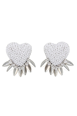 White Glass Beaded Heart Stud Earrings by Deepa Gurnani