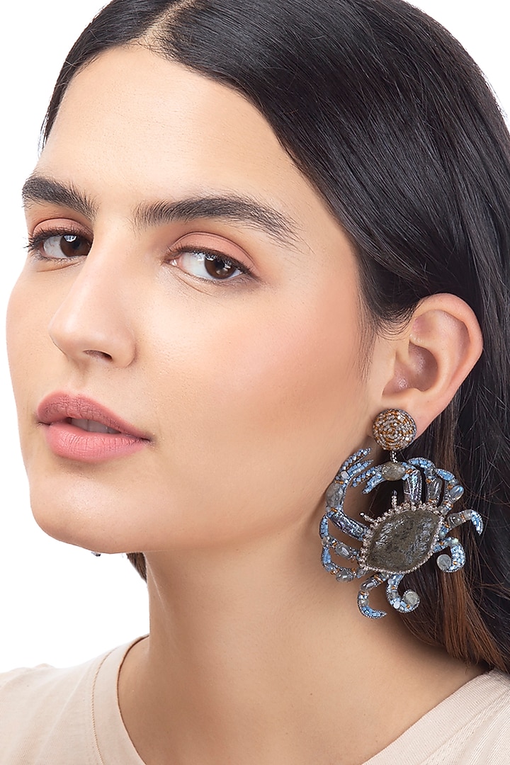 Blue Glass Beaded Crab Earrings by Deepa Gurnani at Pernia's Pop Up Shop