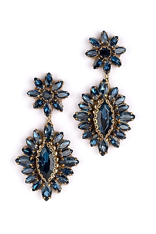 Emerald Green Glass Beaded Dangler Earrings by Deepa Gurnani