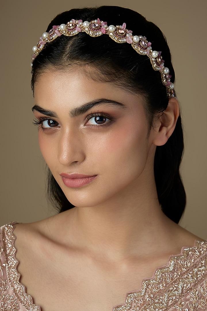 Two-Tone Finish Pink Stone Mathapatti by Deepa Gurnani at Pernia's Pop Up Shop