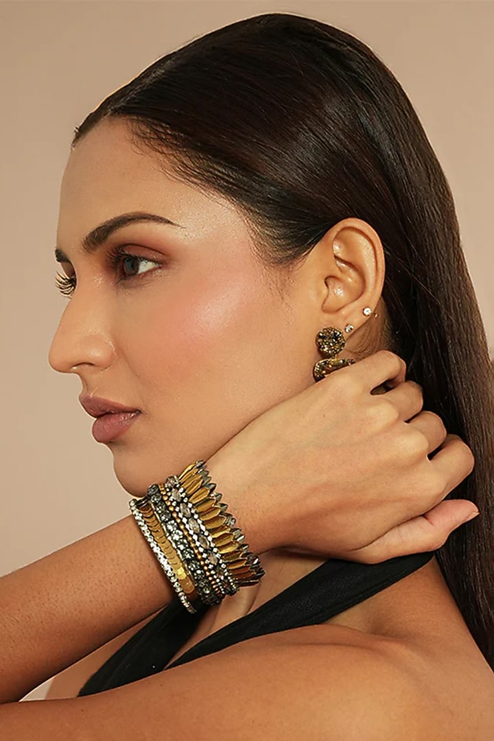 Gold Gunmetal Glass Beaded & Metallic Thread Bracelet by Deepa Gurnani at Pernia's Pop Up Shop