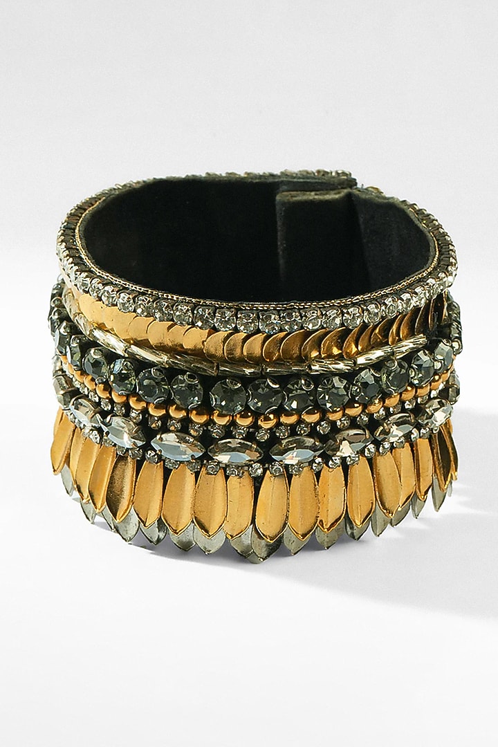 Gold Gunmetal Glass Beaded & Metallic Thread Bracelet by Deepa Gurnani at Pernia's Pop Up Shop