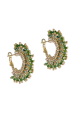 Emerald Green Glass Beaded Hoop Earrings by Deepa Gurnani