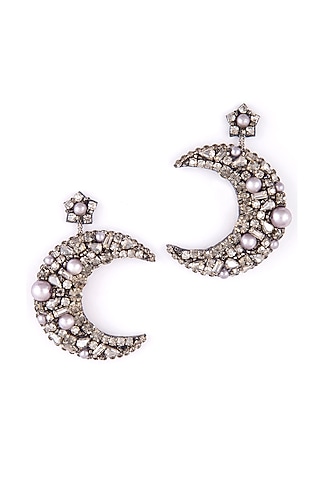 Gunmetal Glass Beaded & Glass Crystal Dangler Earrings by Deepa Gurnani
