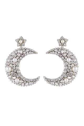 Silver Glass Beaded & Glass Crystal Dangler Earrings by Deepa Gurnani