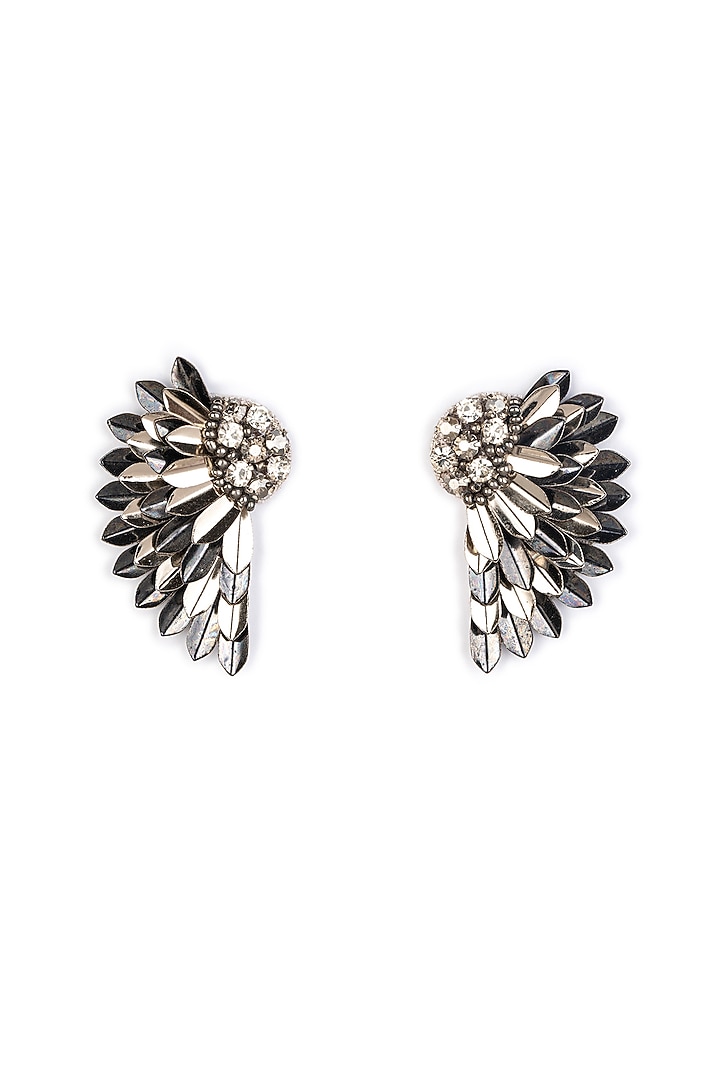 Silver Glass Bead & Crystal Hand Embroidered Wing-Shaped Earrings by Deepa Gurnani at Pernia's Pop Up Shop