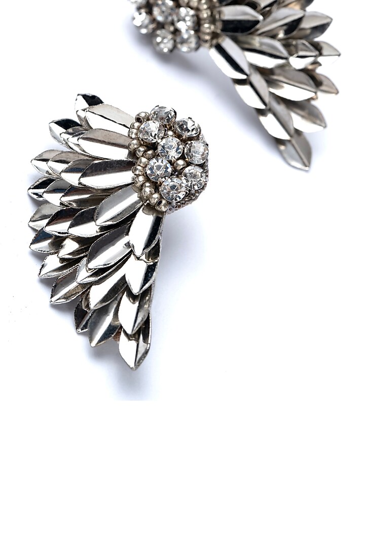 Silver Glass Bead & Crystal Hand Embroidered Wing-Shaped Earrings by Deepa Gurnani at Pernia's Pop Up Shop