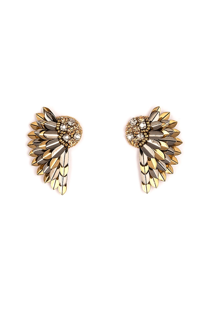 Gold Glass Bead & Crystal Hand Embroidered Wing-Shaped Earrings by Deepa Gurnani at Pernia's Pop Up Shop