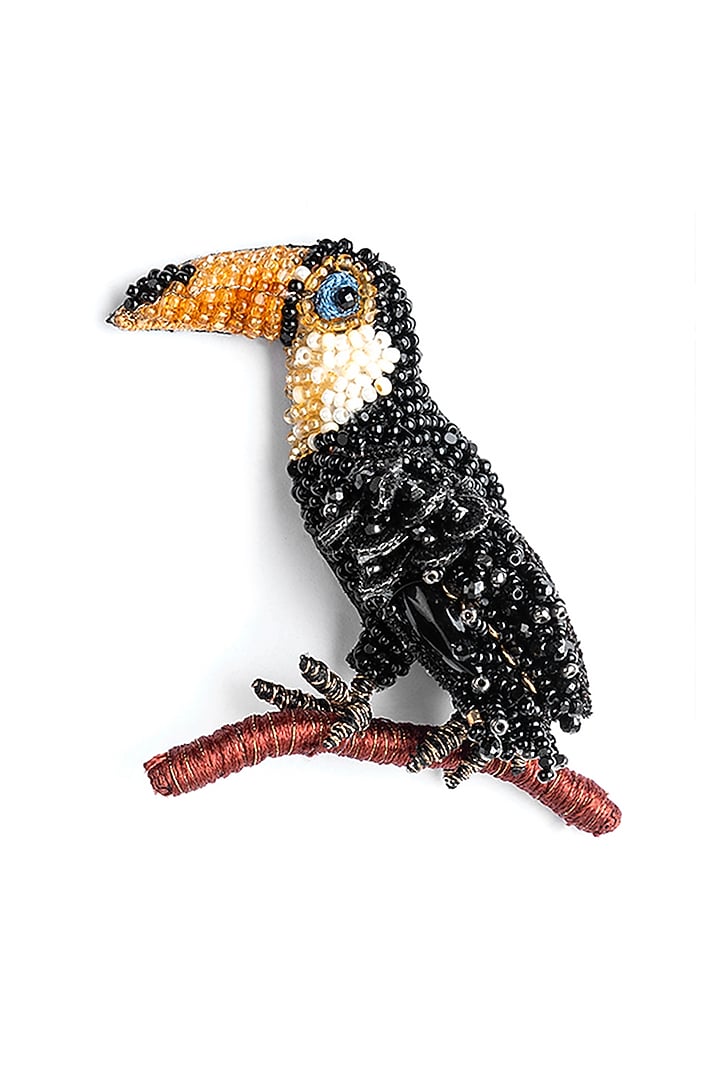 Black Glass Bead Embroidered Toucan Brooch by Deepa Gurnani at Pernia's Pop Up Shop