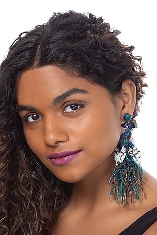 Green Beaded Hand Embroidered Peacock Earrings by Deepa Gurnani