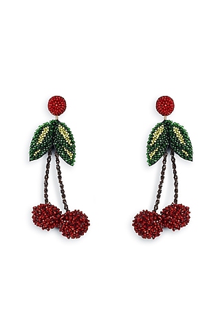 Red Embroidered Handcrafted Cherry Earrings by Deepa Gurnani