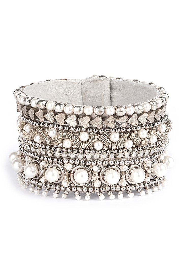 Silver Glass Bead & Pearl Hand Embellished Bracelet by Deepa Gurnani at Pernia's Pop Up Shop