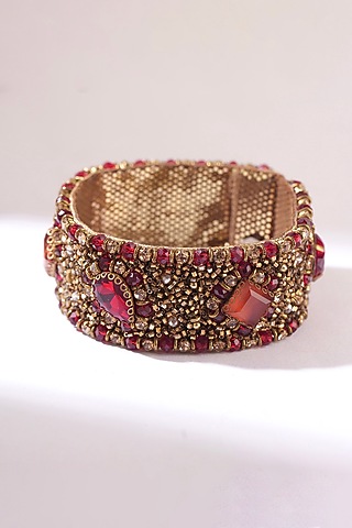 Red Glass Bead & Glass Crystal Hand Embroidered Bracelet by Deepa Gurnani
