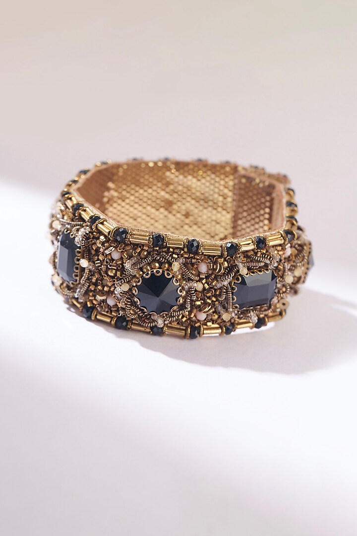 Black Glass Bead & Glass Crystal Hand Embroidered Bracelet by Deepa Gurnani at Pernia's Pop Up Shop