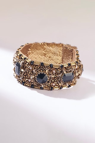 Black Glass Bead & Glass Crystal Hand Embroidered Bracelet by Deepa Gurnani
