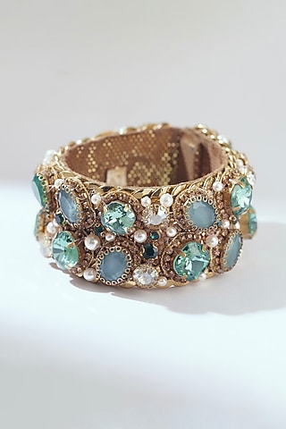 Green Glass Bead & Glass Crystal Bracelet by Deepa Gurnani
