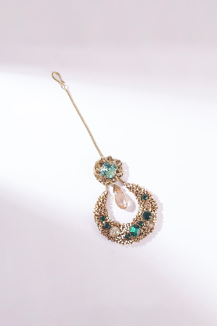 Green Glass Beaded & Glass Crystal Maangtikka by Deepa Gurnani at Pernia's Pop Up Shop