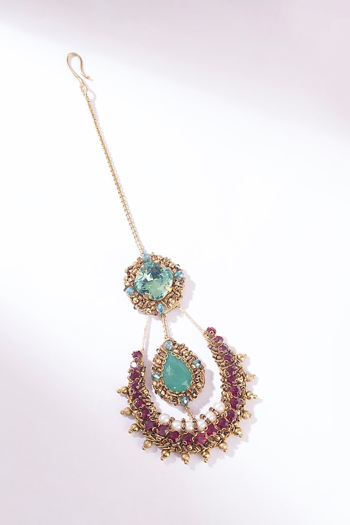 Green Glass Beaded & Glass Crystal Maangtikka by Deepa Gurnani at Pernia's Pop Up Shop