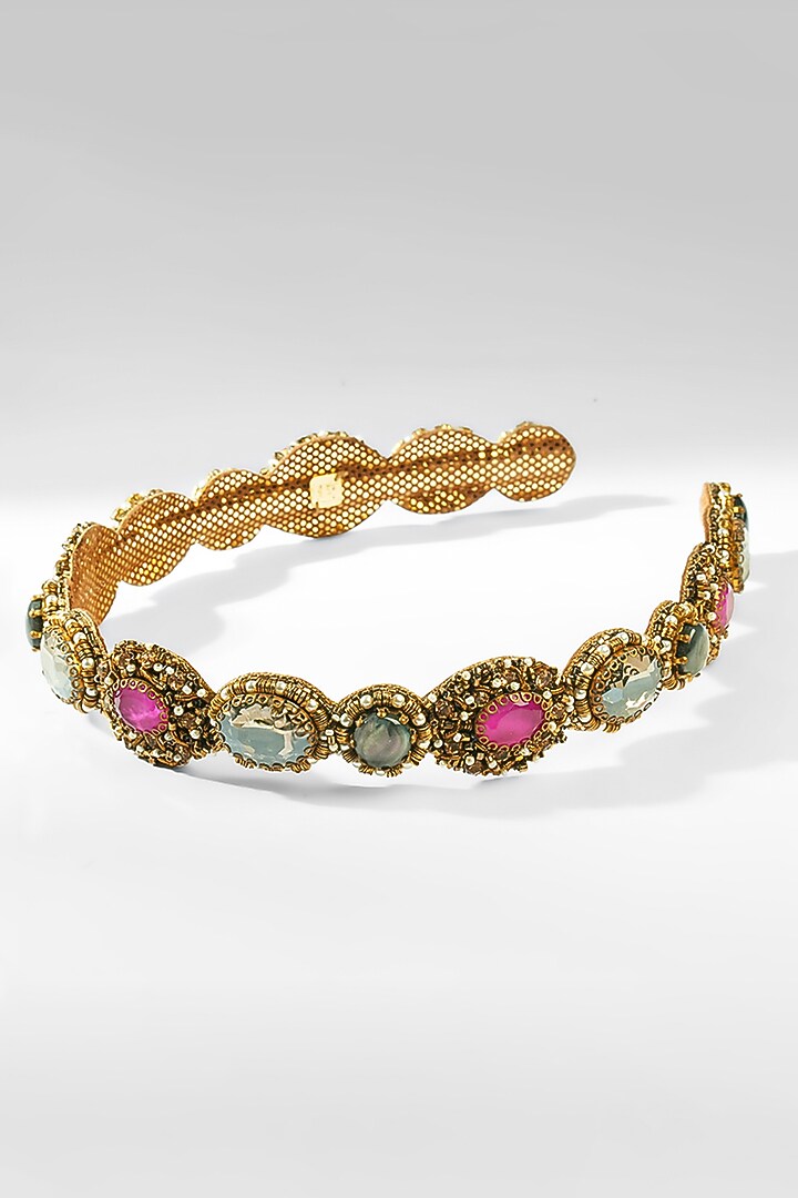 Gold Glass Beaded & Crystal Woven Headband by Deepa Gurnani at Pernia's Pop Up Shop