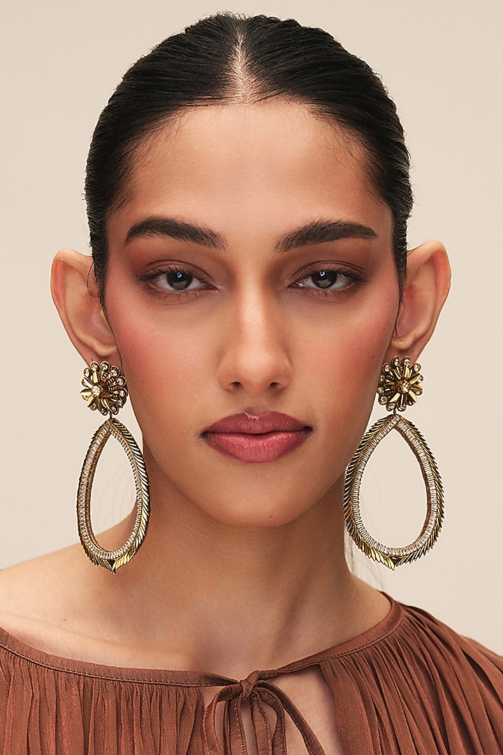 Gold Finish Glass Beaded Najia Dangler Earrings by Deepa Gurnani at Pernia's Pop Up Shop