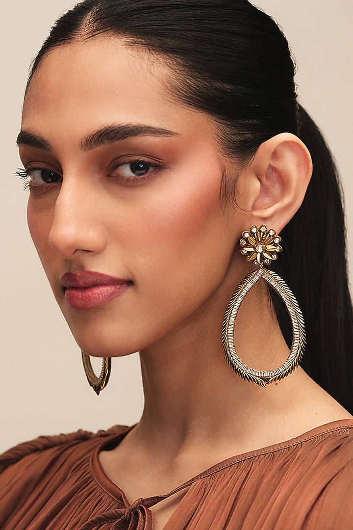Gold Finish Glass Beaded Najia Dangler Earrings by Deepa Gurnani at Pernia's Pop Up Shop