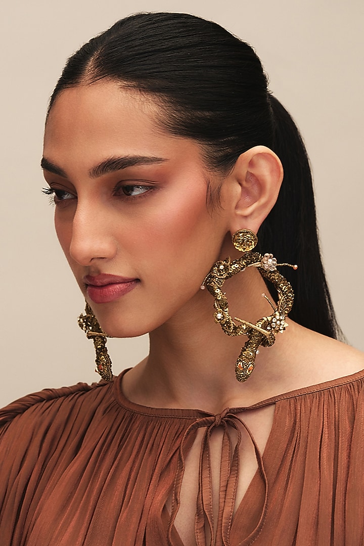Gold Finish Glass Beaded Narcissa Dangler Earrings by Deepa Gurnani at Pernia's Pop Up Shop