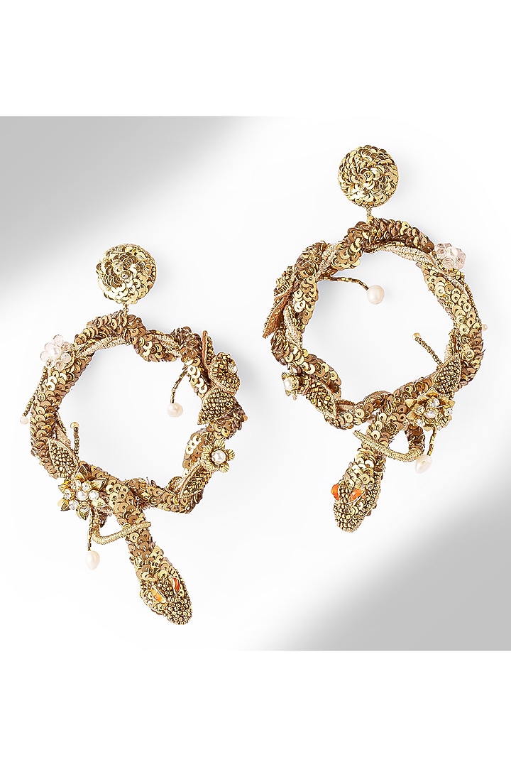 Gold Finish Glass Beaded Narcissa Dangler Earrings by Deepa Gurnani at Pernia's Pop Up Shop