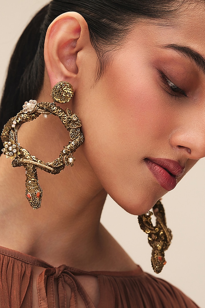 Gold Finish Glass Beaded Narcissa Dangler Earrings by Deepa Gurnani at Pernia's Pop Up Shop