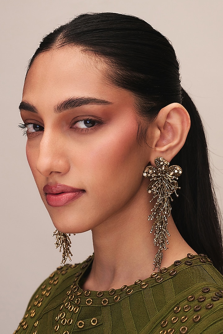 Gold Finish Glass Beaded Khilna Dangler Earrings by Deepa Gurnani at Pernia's Pop Up Shop
