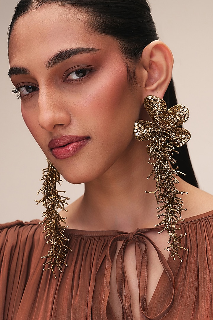 Gold Finish Glass Beaded Khilna Dangler Earrings by Deepa Gurnani at Pernia's Pop Up Shop