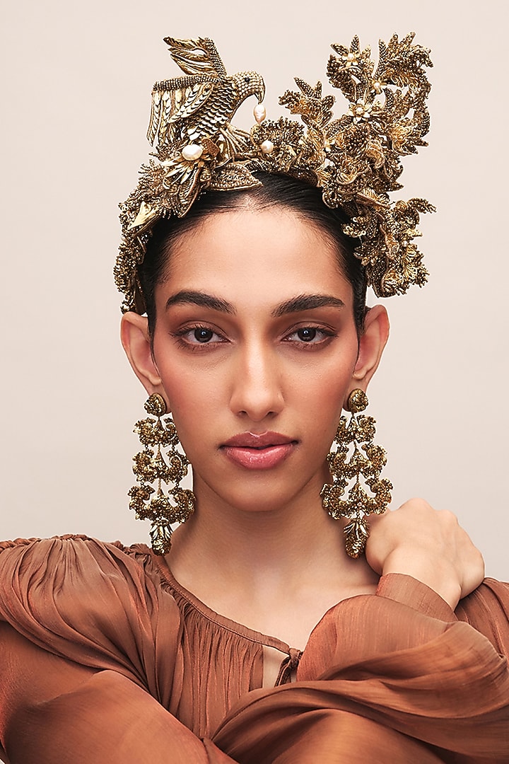 Gold Finish Glass Beaded Adelaide Dangler Earrings by Deepa Gurnani at Pernia's Pop Up Shop