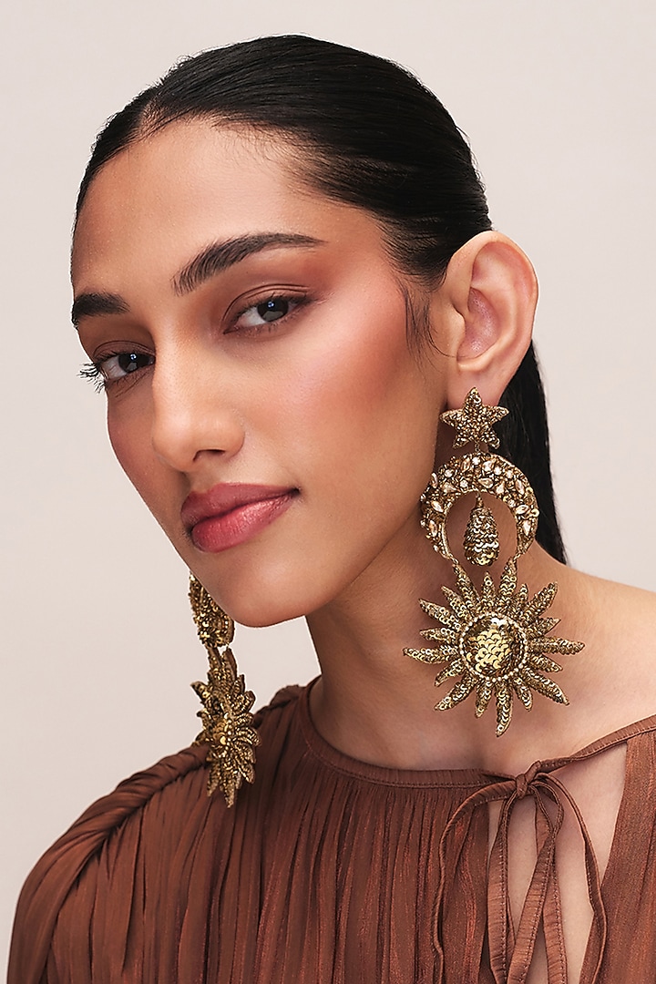 Gold Finish Glass Stone Anwar Dangler Earrings by Deepa Gurnani at Pernia's Pop Up Shop