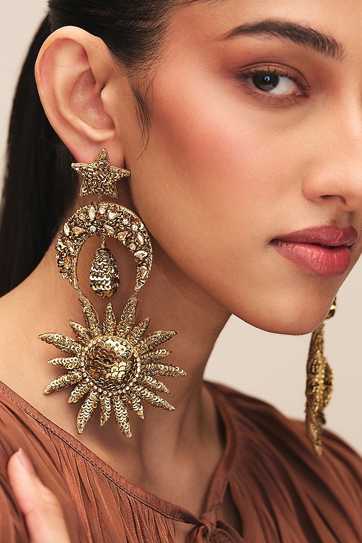 Gold Finish Glass Stone Anwar Dangler Earrings by Deepa Gurnani at Pernia's Pop Up Shop