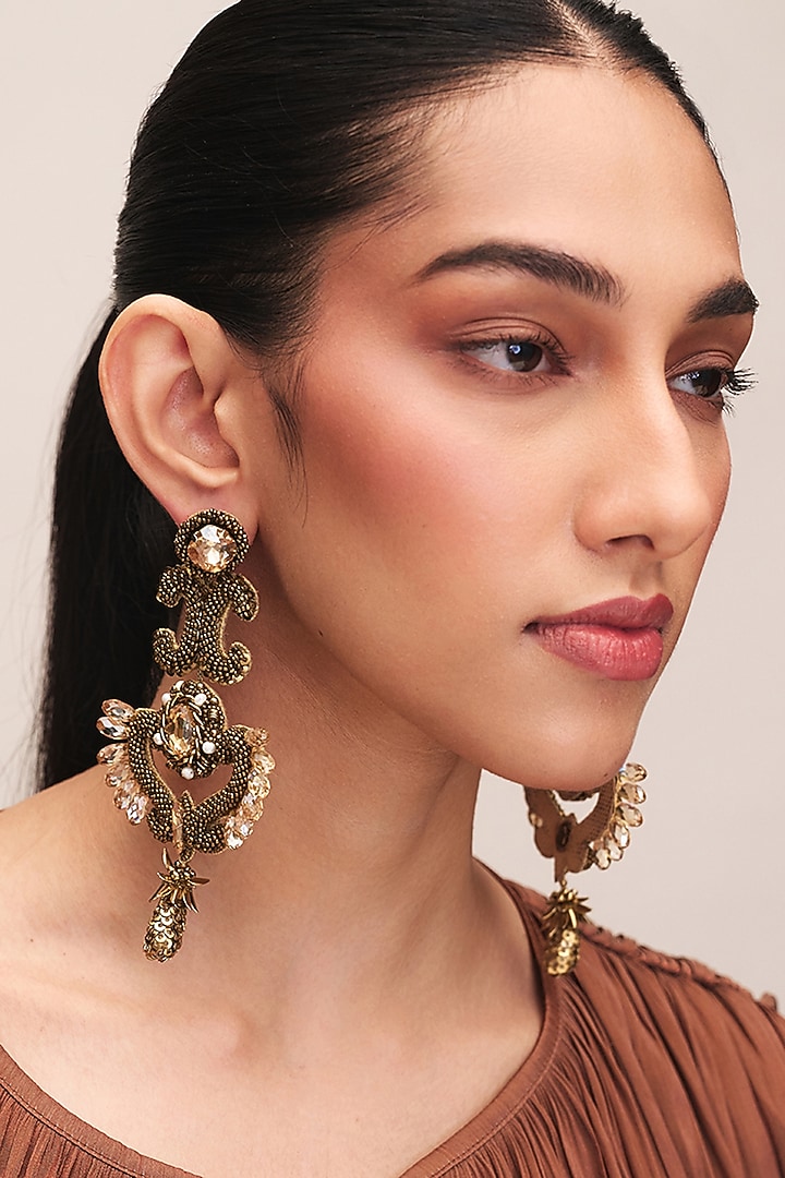Gold Finish Glass Beaded & Stone Malika Dangler Earrings by Deepa Gurnani at Pernia's Pop Up Shop